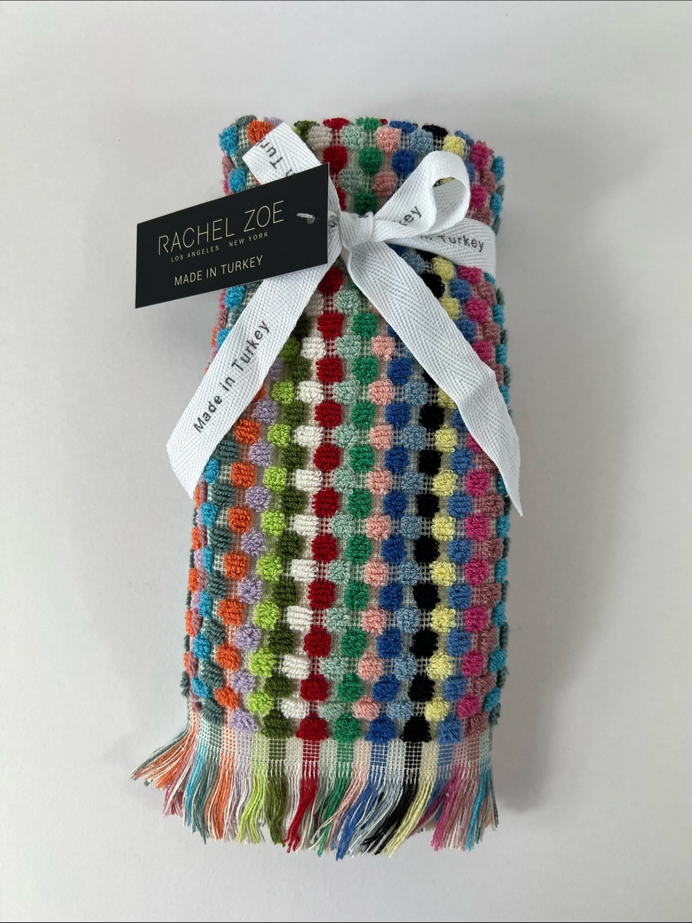 Rachel Zoe Hand Tip Towels Multicolor Stripe Dots Fringe Colorful 2 Pcs NEW